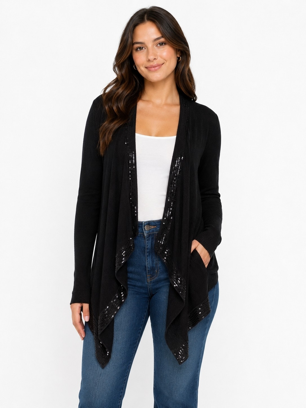 Cable & Gauge Black Open-Front Draped Cardigan with Sequin Trim